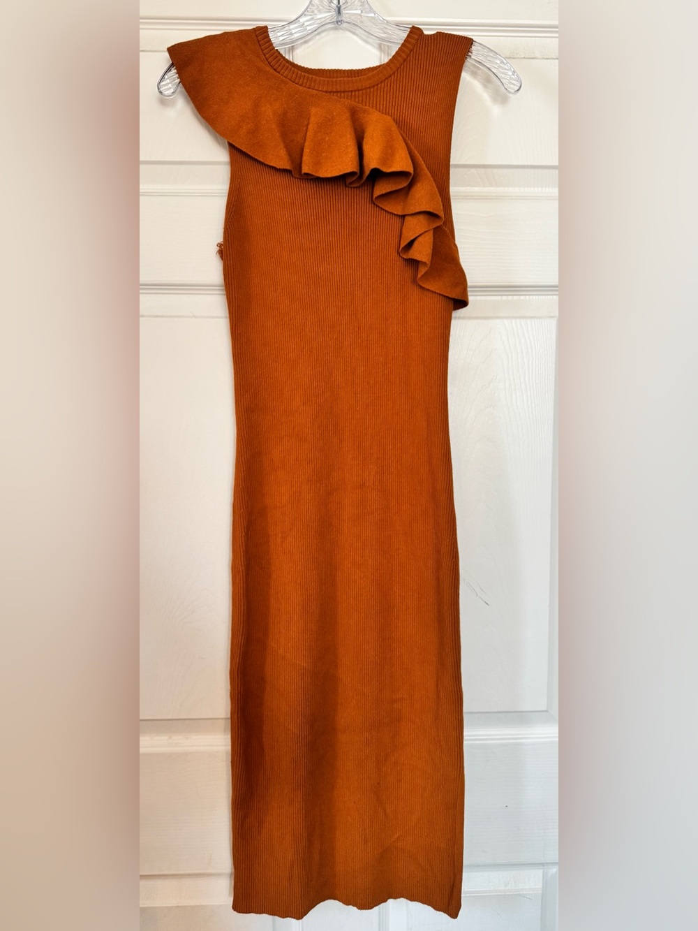Nine West Rust Orange Ribbed Ruffle Midi Dress Size L